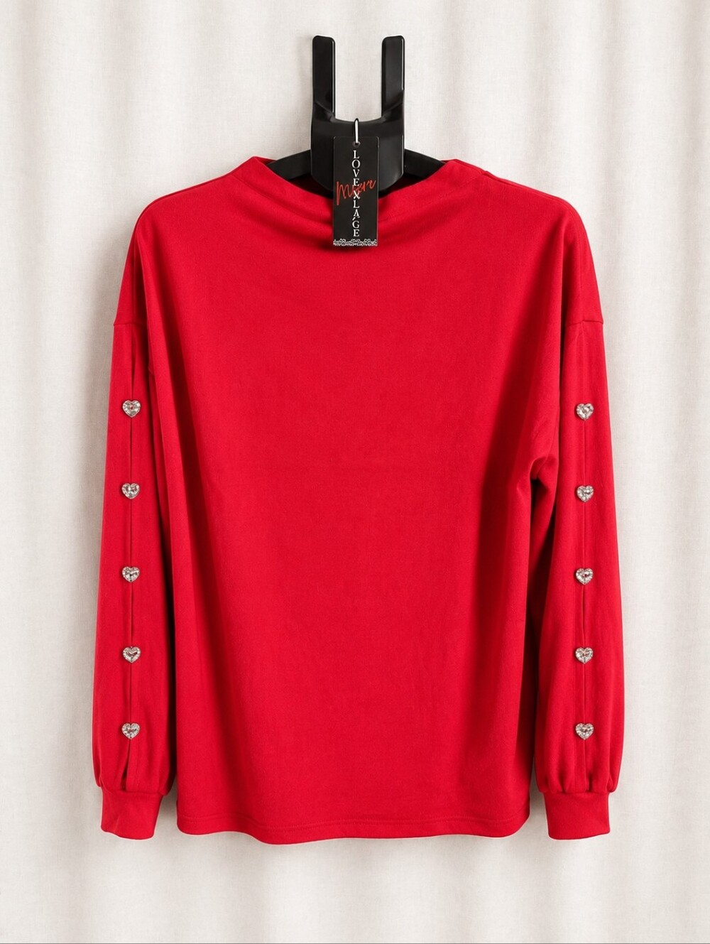 NWT Love & Lace XL Red Knit Sweater Heart Rhinestone Button Sleeves